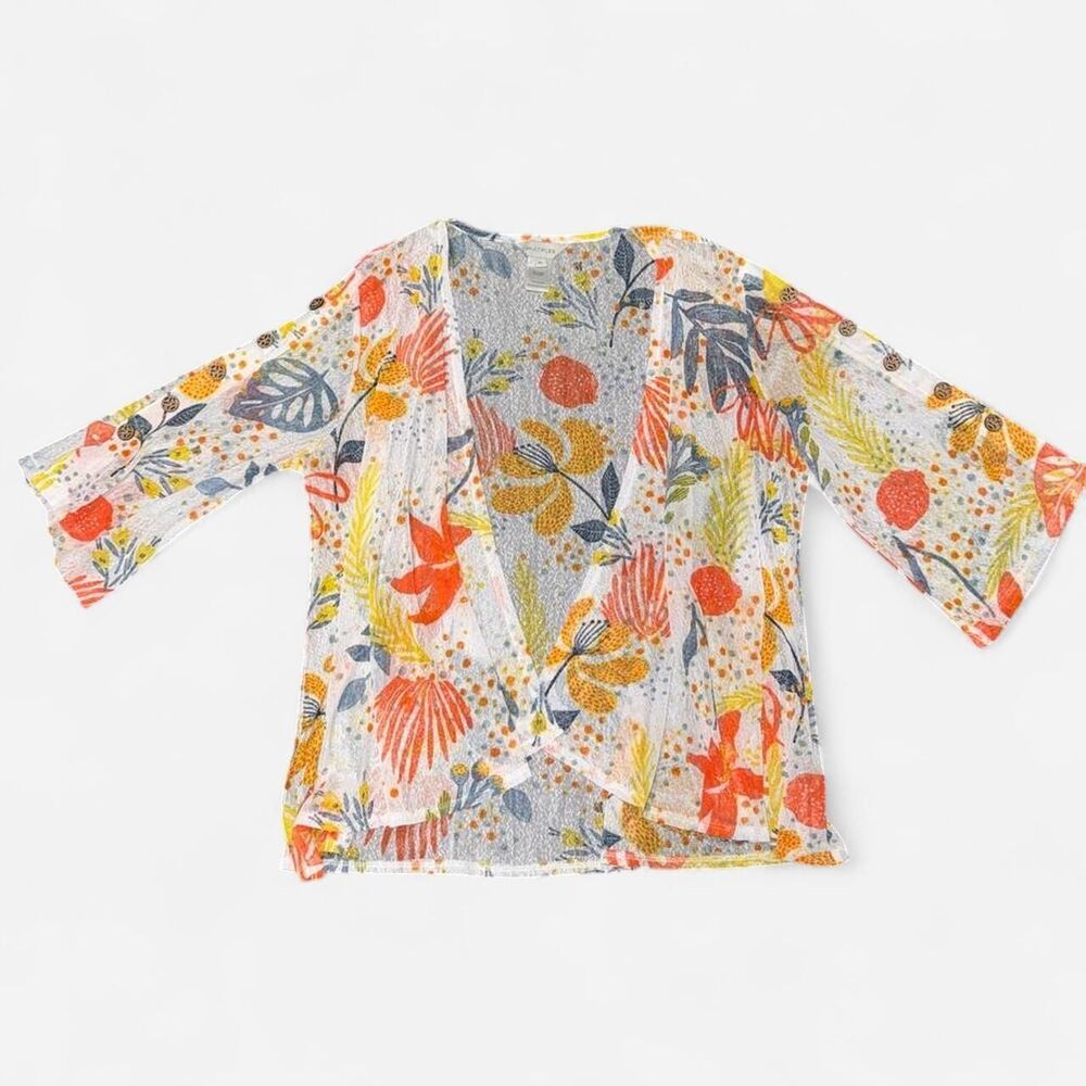 White Open Front Lightweight Cardigan Cover Up with Summer Colorful Floral Print